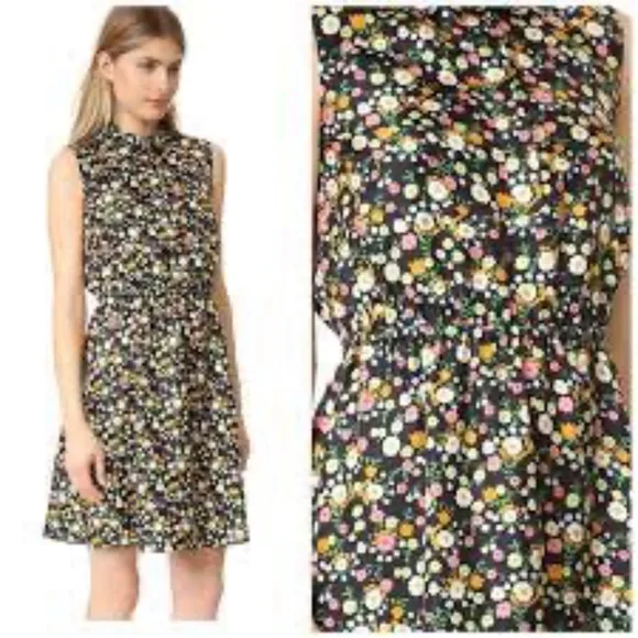 Tory Burch Ryder Black Floral Print Silk Sleeveless Shirtdress Elastic Waist Sz8 - Picture 2 of 8